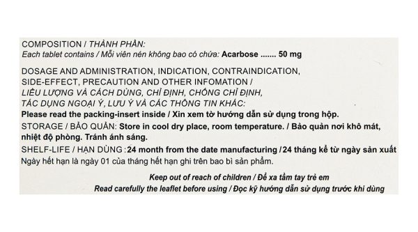 Acarbose Friulchem 50mg trị đái tháo đường tuýp 2 (9 vỉ x 10 viên)