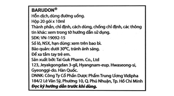 Hỗn dịch uống Barudon Susp giảm đau nhanh trong viêm dạ dày (20 gói x 10ml)