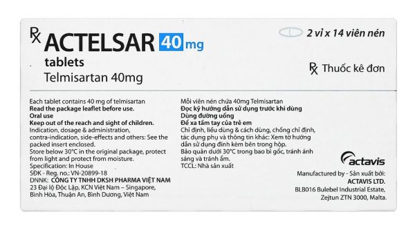 Actelsar 40mg điều trị tăng huyết áp (2 vỉ x 14 viên)