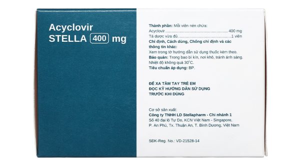 Acyclovir STELLA 400mg trị nhiễm Herpes simplex trên da và màng nhầy (7 vỉ x 5 viên)