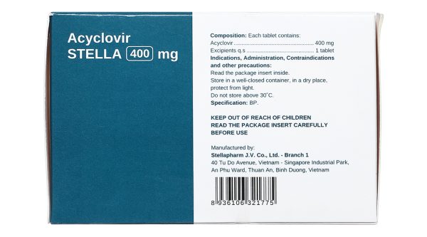 Acyclovir STELLA 400mg trị nhiễm Herpes simplex trên da và màng nhầy (7 vỉ x 5 viên)