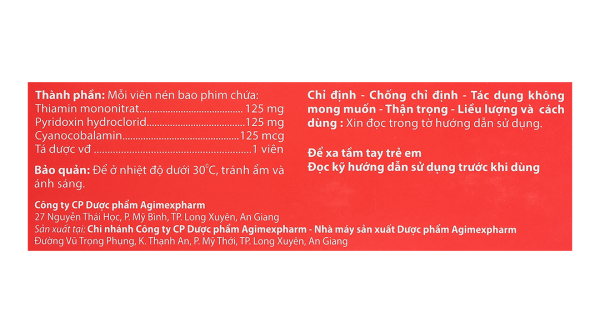 Agi-Neurin điều trị và dự phòng thiếu vitamin B1, B6, B12 (10 vỉ x 10 viên)