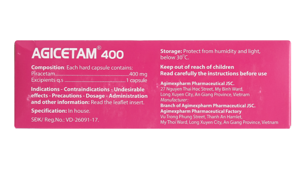 Agicetam 400 trị triệu chứng chóng mặt, nghiện rượu (10 vỉ x 10 viên)