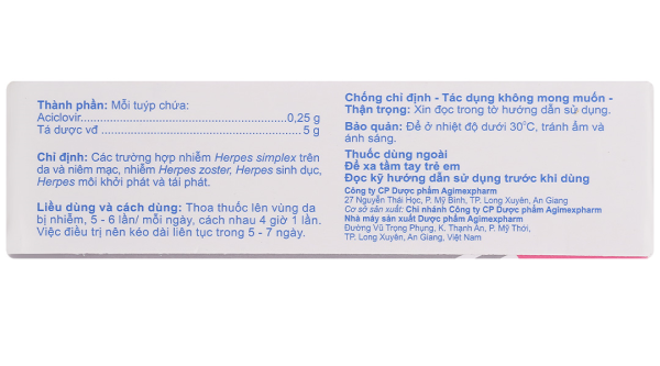 Agiclovir 5% trị các trường hợp nhiễm Herpes ở da và niêm mạc tuýp 5g
