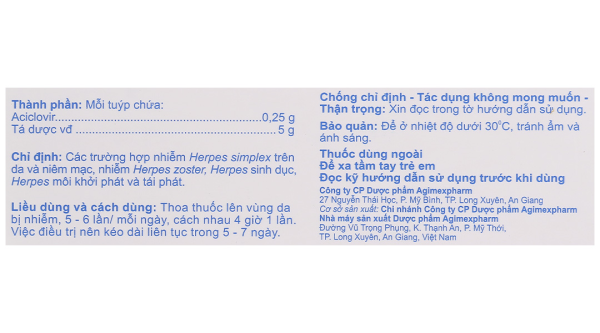 Agiclovir 5% trị các trường hợp nhiễm Herpes ở da và niêm mạc tuýp 5g