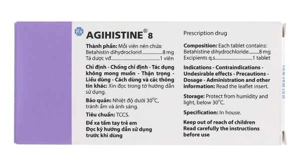 Agihistine 8 trị hội chứng hội chứng Ménière (5 vỉ x 20 viên)