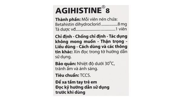 Agihistine 8 trị hội chứng hội chứng Ménière (5 vỉ x 20 viên)