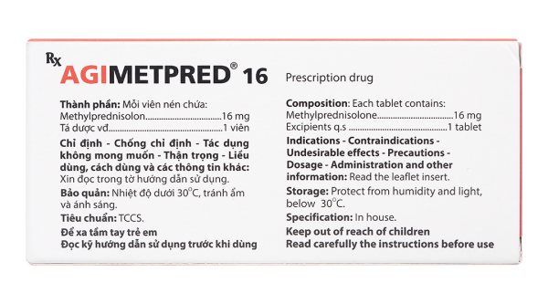 Agimetpred 16 mg kháng viêm, ức chế miễn dịch (6 vỉ x 10 viên)