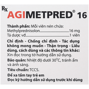 Agimetpred 16 mg kháng viêm, ức chế miễn dịch (6 vỉ x 10 viên)