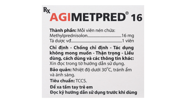 Agimetpred 16 mg kháng viêm, ức chế miễn dịch (6 vỉ x 10 viên)