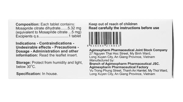 Agimosarid 5mg trị các triệu chứng dạ dày - ruột (6 vỉ x 10 viên)
