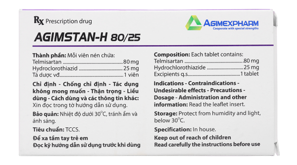 Agimstan-H 80/25 Agimexpharm trị tăng huyết áp vô căn (4 vỉ x 7 viên)