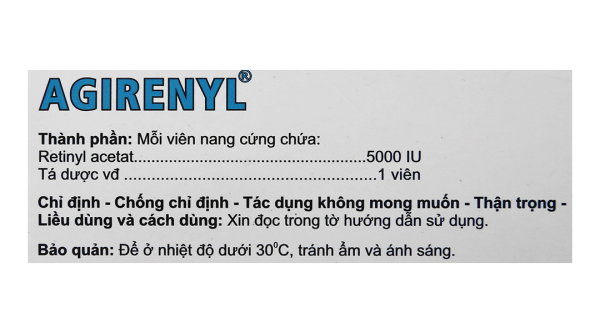Agirenyl 5000IU phòng và trị triệu chứng thiếu vitamin A (10 vỉ x 10 viên)