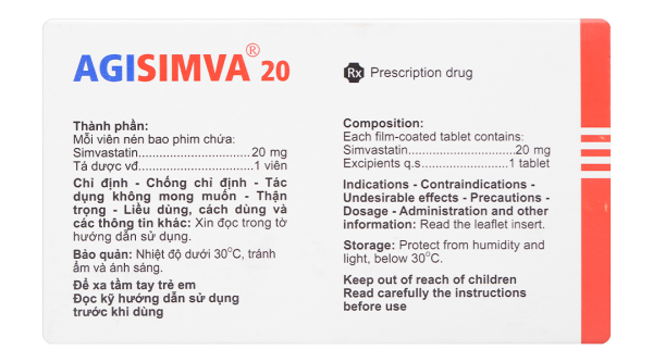 Agisimva® 20mg trị tăng cholesterol máu, làm chậm tiến triển xơ vữa (3 vỉ x 10 viên)