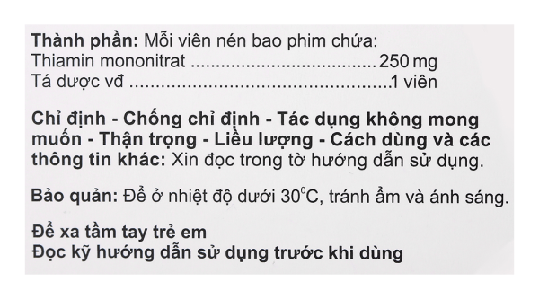 Agivitamin B1 250mg trị thiếu thiamin (10 vỉ x 10 viên)
