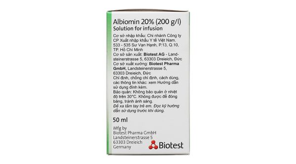 Dịch truyền tĩnh mạch Albiomin 20% Biotest trị sốc giảm thể tích máu lọ 50ml