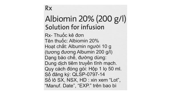Dịch truyền tĩnh mạch Albiomin 20% Biotest trị sốc giảm thể tích máu lọ 50ml