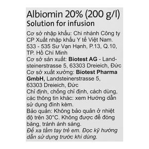 Dịch truyền tĩnh mạch Albiomin 20% Biotest trị sốc giảm thể tích máu lọ 50ml