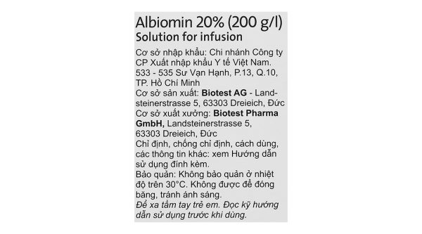 Dịch truyền tĩnh mạch Albiomin 20% Biotest trị sốc giảm thể tích máu lọ 50ml