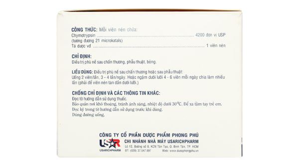 Alphachymotrypsin USAR 4200IU trị phù nề sau chấn thương (100 vỉ x 10 viên)