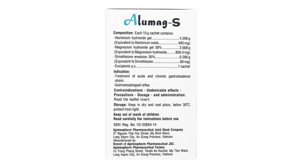 Hỗn dịch uống Alumag-S 15g điều trị viêm loét dạ dày tá tràng (20 gói x 15g)