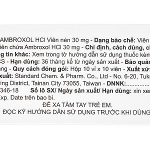 Ambroxol HCl Tablets 30mg long đờm, tiêu nhầy, trị bệnh đường hô hấp (10 vỉ x 10 viên)