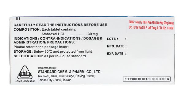 Ambroxol HCl Tablets 30mg long đờm, tiêu nhầy, trị bệnh đường hô hấp (10 vỉ x 10 viên)