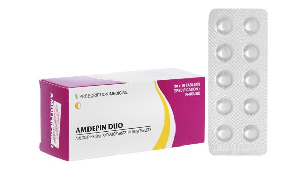 Amdepin Duo 5mg/10mg phối hợp trị rối loạn mỡ máu kèm tăng huyết áp (10 vỉ x 10 viên)