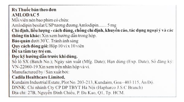Amlodac 5 trị tăng huyết áp, đau thắt ngực (10 vỉ x 10 viên)