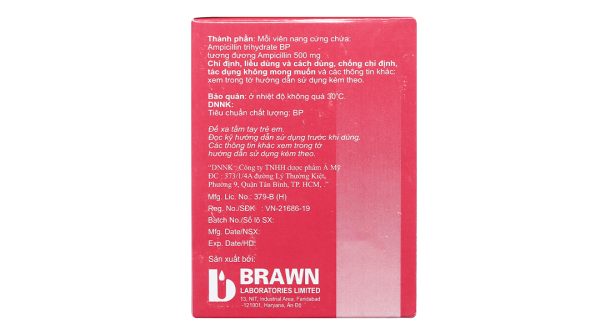 Ampicillin Brawn 500mg trị nhiễm khuẩn (10 vỉ x 10 viên)