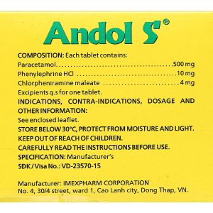 Andol S trị các triệu chứng cảm (25 vỉ x 20 viên)