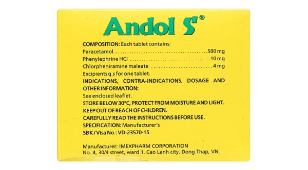 Andol S trị các triệu chứng cảm (25 vỉ x 20 viên)