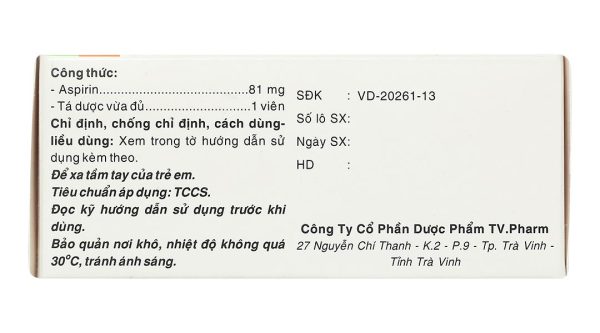 Aspirin TV.Pharm 81mg dự phòng nhồi máu cơ tim, đột quỵ (10 vỉ x 10 viên)