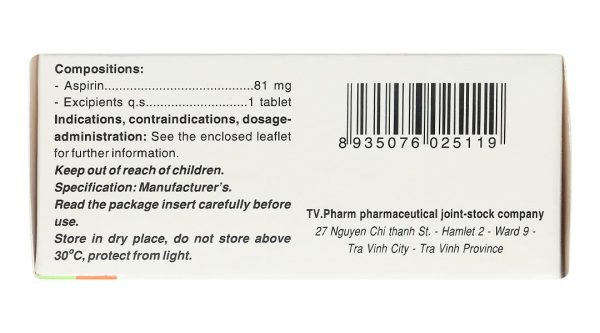 Aspirin TV.Pharm 81mg dự phòng nhồi máu cơ tim, đột quỵ (10 vỉ x 10 viên)