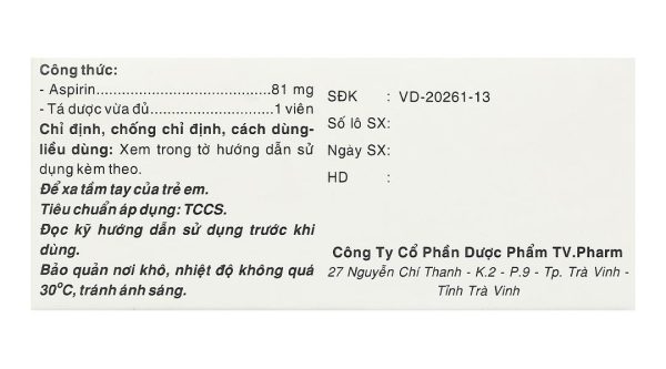 Aspirin TV.Pharm 81mg dự phòng nhồi máu cơ tim, đột quỵ (10 vỉ x 10 viên)