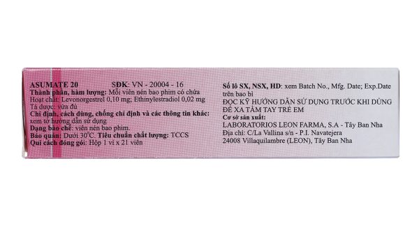 Asumate 20 thuốc tránh thai hằng ngày (1 vỉ x 21 viên)