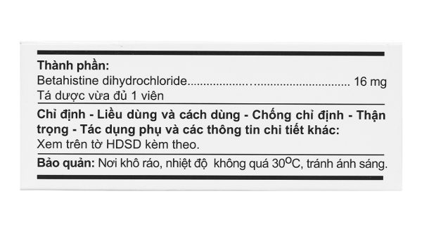 Betahistin 16 A.T trị chóng mặt, choáng váng (10 vỉ x 10 viên)
