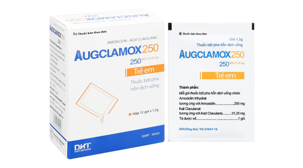 Thuốc bột pha hỗn dịch uống Augclamox 250 trị nhiễm khuẩn (12 gói x 1.5g)