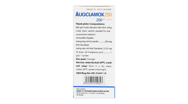 Thuốc bột pha hỗn dịch uống Augclamox 250 trị nhiễm khuẩn (12 gói x 1.5g)