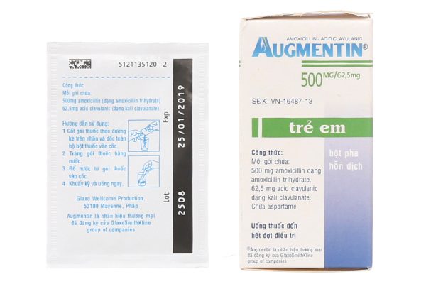 Bột pha hỗn dịch uống Augmentin 500mg/62.5mg trị nhiễm khuẩn hộp 12 gói