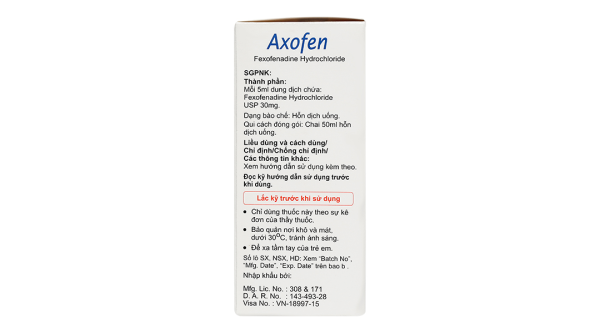 Hỗn dịch uống Axofen trị viêm mũi dị ứng, mày đay chai 50ml
