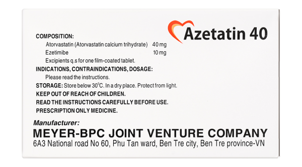 Azetatin 40 điều trị rối loạn lipid máu (10 vỉ x 10 viên)