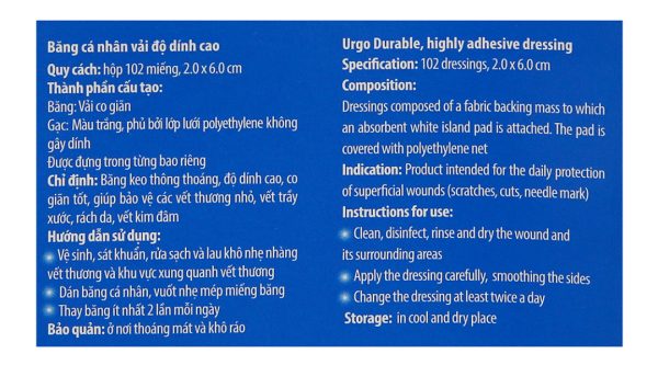 Băng cá nhân vải Urgo Durable (2 x 6cm) hộp 102 miếng