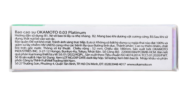 Bao cao su Okamoto 0.03 Platinum 52mm hộp 3 cái