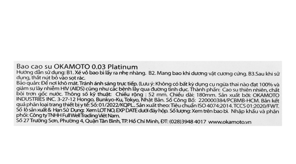 Bao cao su Okamoto 0.03 Platinum 52mm hộp 3 cái
