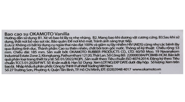 Bao cao su Okamoto Skinless Skin Vanilla 53mm hộp 3 cái