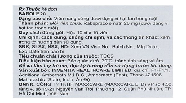 Barole 20 trị viêm loét do trào ngược dạ dày, thực quản (10 vỉ x 10 viên)