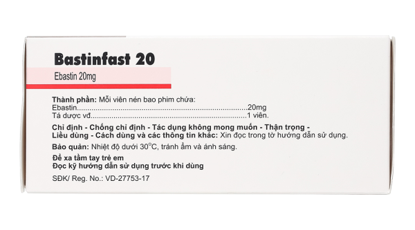 Bastinfast 20 trị triệu chứng viêm mũi dị ứng, ngứa da, mày đay (10 vỉ x 10 viên)