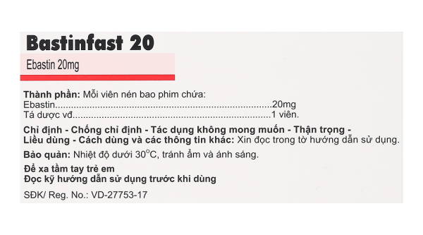 Bastinfast 20 trị triệu chứng viêm mũi dị ứng, ngứa da, mày đay (10 vỉ x 10 viên)