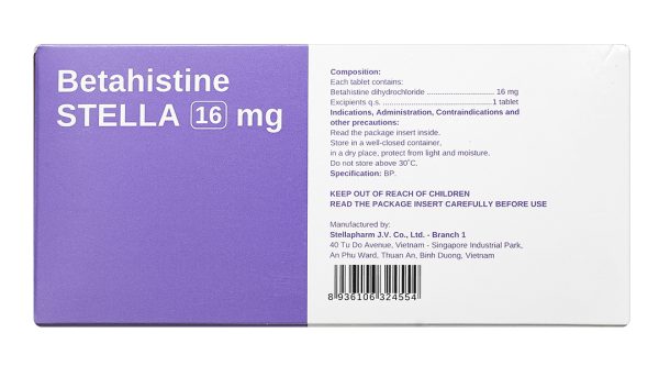 Betahistine Stella 16mg điều trị hội chứng Meniere, chóng mặt, ù tai (10 vỉ x 10 viên)